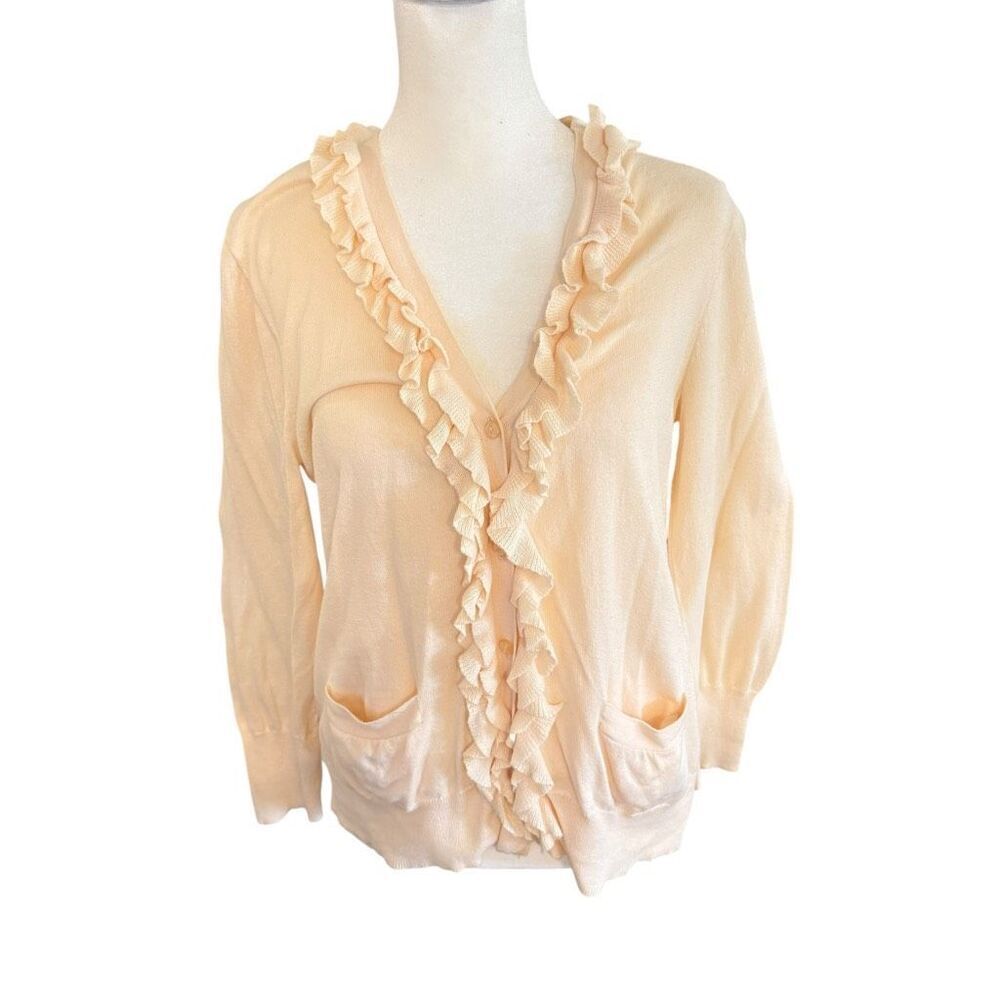 JCrew baby pink 100% cotton ruffle cardigan size medium